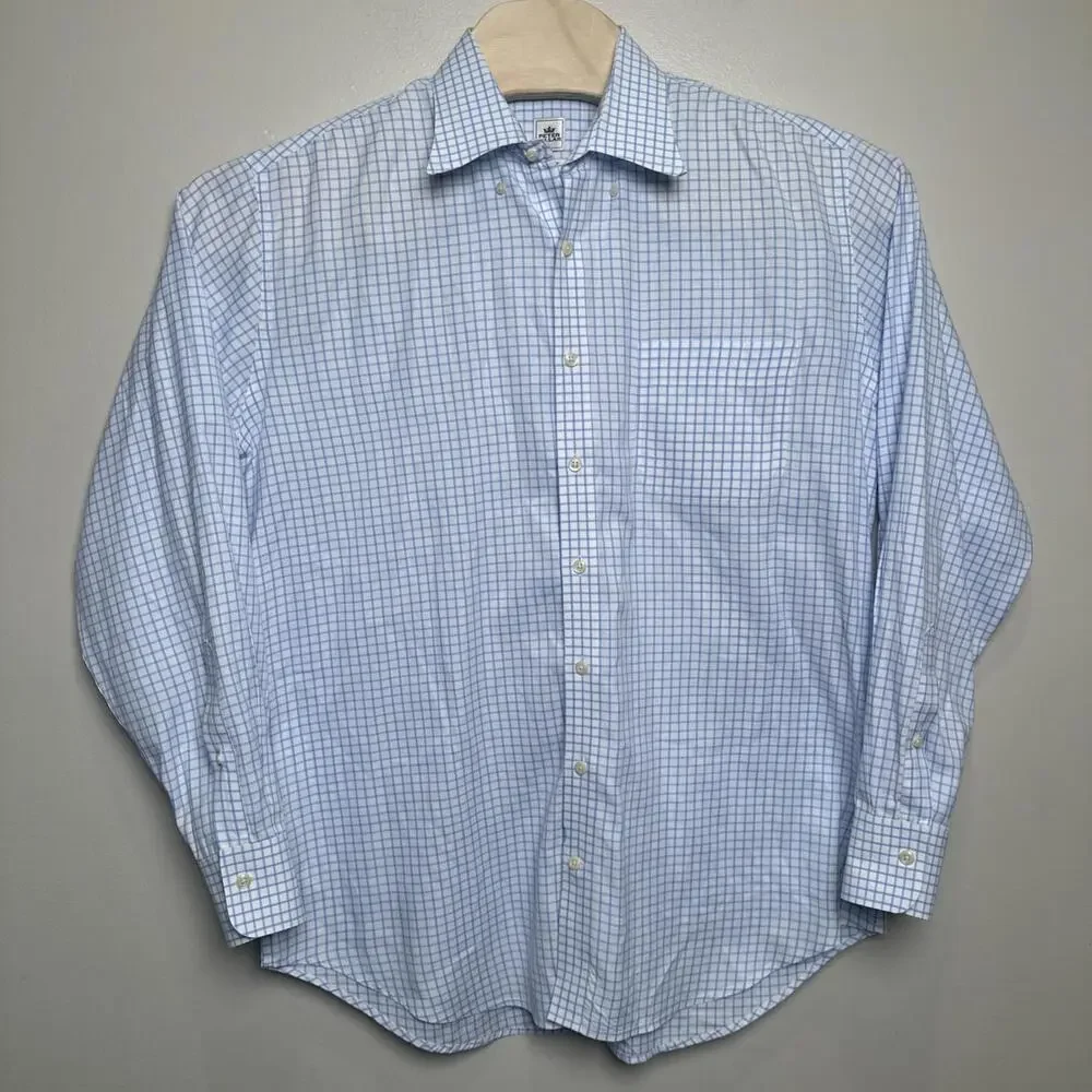 Peter Millar‎ Nanoluxe Shirt Mens L White Blue Check Cotton Collared Button Down